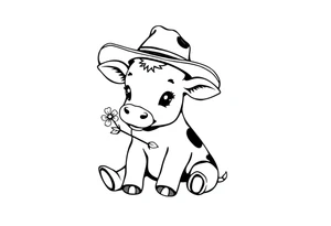 cute black and white baby cow sitting wearing a cowboy hat with a flower in mouth tattoo idea