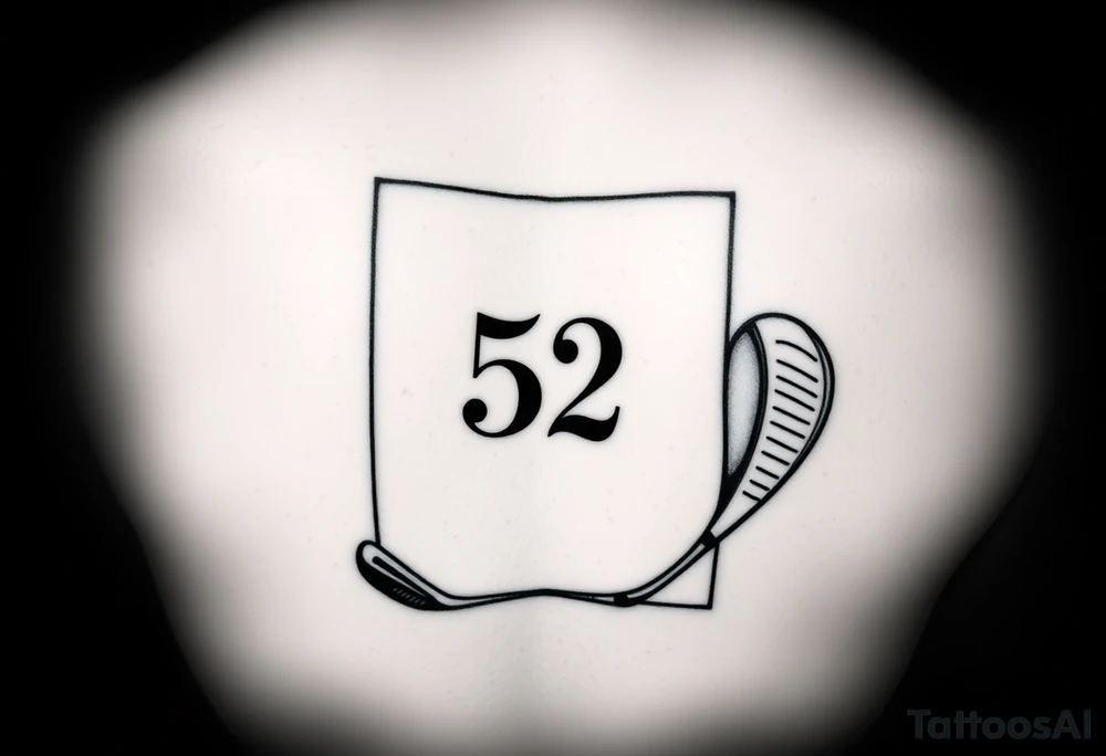 A small realistic golf club centered inside a minimalist frame (should be straight rectangular). Inside the frame, integrate the number 52 in a balanced way, either beneath or overlaying the golf club. The number should not be too big Black tattoo style, suitable for thigh tattoo. clean lines, not that detailed - simple of nature. tattoo idea