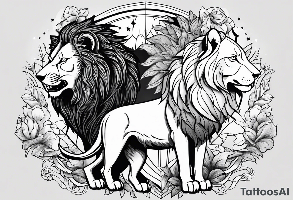 lion and wolf together but playful tattoo idea