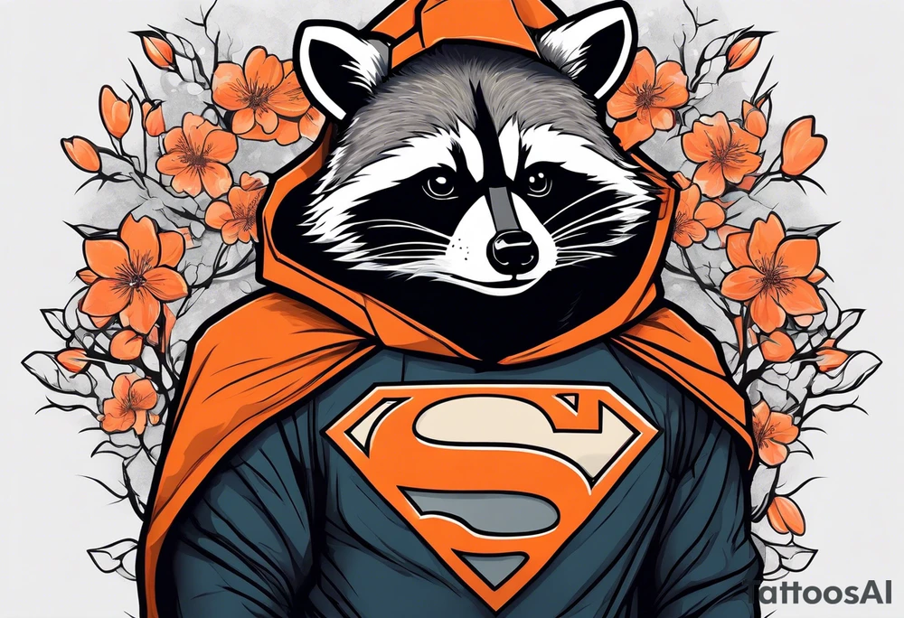Raccoon wearing a white Superman logo on a black hoodie and orange Japanese cherry blossoms beside tattoo idea