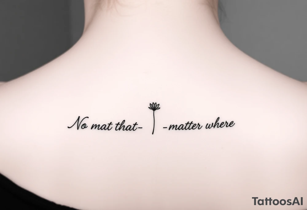 A delicate cursive tattoo with the quote ‘No matter what’ (for one person) and ‘No matter where’ (for the other), placed along the collarbone. At the end of each quote, incorporate a soft, feminine flower design — such as a small lotus, daisy, or wildflower — that flows naturally from the end of the text, as if the flower is part of the lettering or subtly blooming from the last word.

Design should feel light, elegant, and symbolic of connection and unconditional love between mother and daughter. Style should be fine line or single-needle, black ink only, minimalistic and graceful. tattoo idea