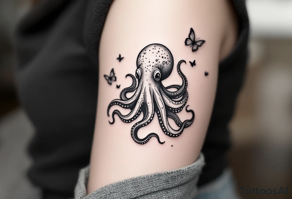 A small realistic black and grey tattoo of an octopus, cute, with detailed shading and soft linework, showing the octopus with swirling tentacles, on light skin. Butterflies flying around. The style is minimalistic and elegant, resembling fine-line tattoo with a shadow tattoo idea
