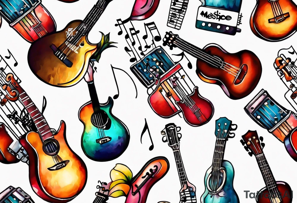 1/4 sleeve length
music notes, a cassette tape, and
instruments tattoo idea