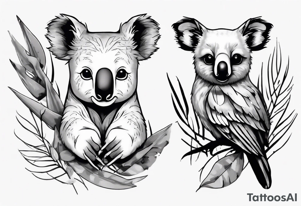 a koala and a kookaburra sitting on wattle and eucalyptus leaves tattoo idea