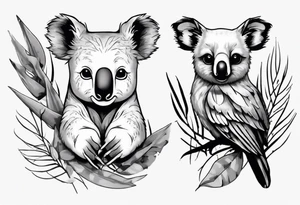 a koala and a kookaburra sitting on wattle and eucalyptus leaves tattoo idea
