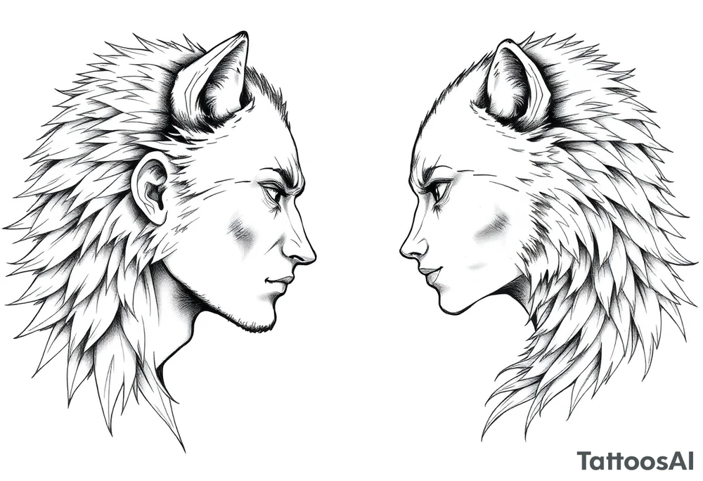 Male and female human facing each other both transforming into wolves tattoo idea