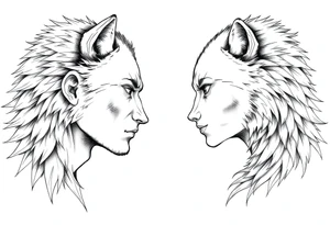 Male and female human facing each other both transforming into wolves tattoo idea