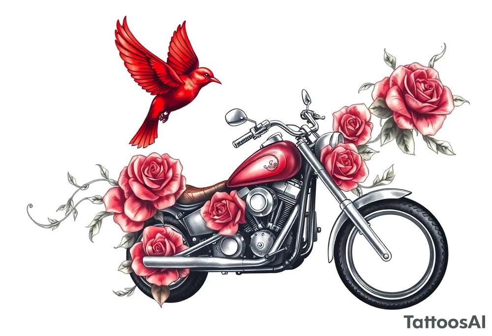 Motorcycle, red bird flying, roses and lace, flames tattoo idea