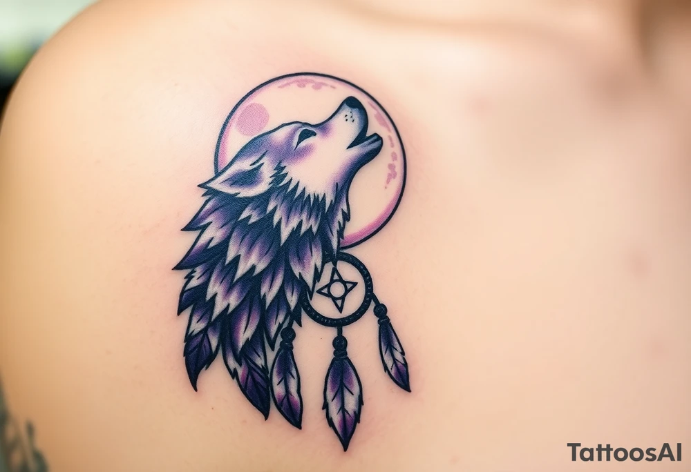 A full moon behind a wolf howling at the night sky, with dreamcatcher threads hanging below, colored in deep purples and silvery whites tattoo idea
