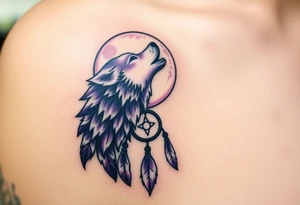 A full moon behind a wolf howling at the night sky, with dreamcatcher threads hanging below, colored in deep purples and silvery whites tattoo idea