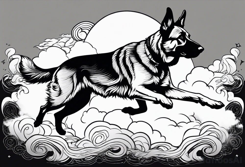 German Shepherd running into the clouds. tattoo idea