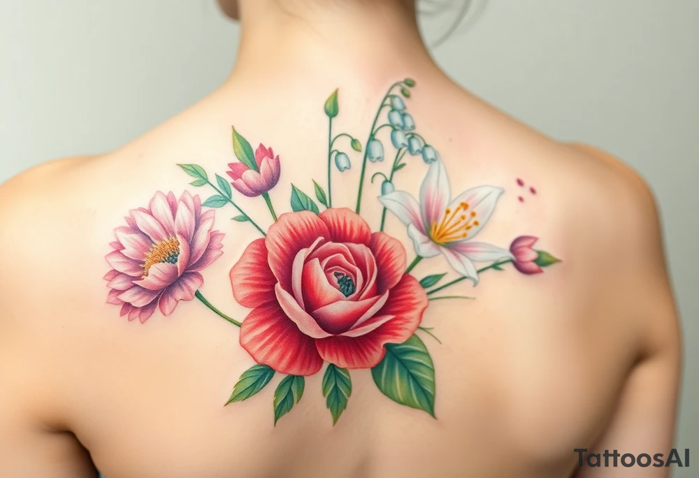 Bouquet of flowers with a carnation, rose, Lily of the valley, delphinium with stems tattoo idea