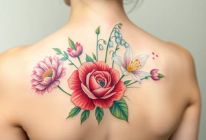Bouquet of flowers with a carnation, rose, Lily of the valley, delphinium with stems tattoo idea