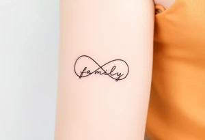 A minimalist infinity symbol composed of thin, intersecting lines, with the word "family" subtly incorporated along the curve in a contemporary font tattoo idea