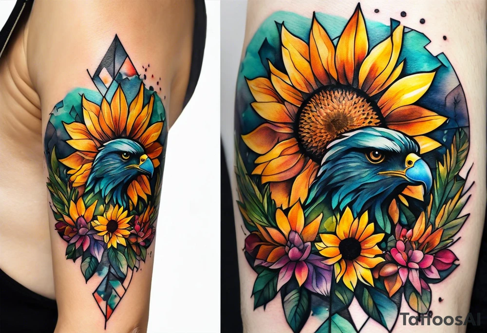 Watercolor inside arm tattoo, 4 inches. Black kite (Daya's name), nature (trees/flowers), rock/metal vibe (bold lines), sunflower. Bright colors! tattoo idea