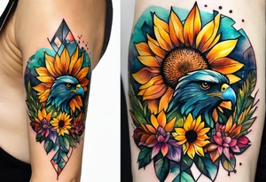 Watercolor inside arm tattoo, 4 inches. Black kite (Daya's name), nature (trees/flowers), rock/metal vibe (bold lines), sunflower. Bright colors! tattoo idea