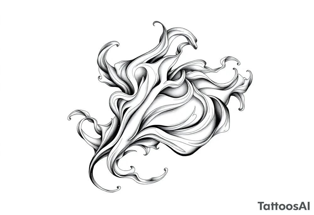 Flowing smoke and flames in blackwork style, fluid line art, tattoo design for forearm or sleeve, negative space, motion effect, sharp curves and swirls tattoo idea