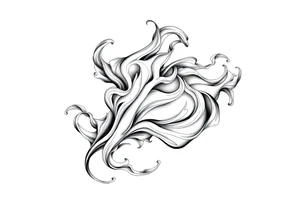 Flowing smoke and flames in blackwork style, fluid line art, tattoo design for forearm or sleeve, negative space, motion effect, sharp curves and swirls tattoo idea