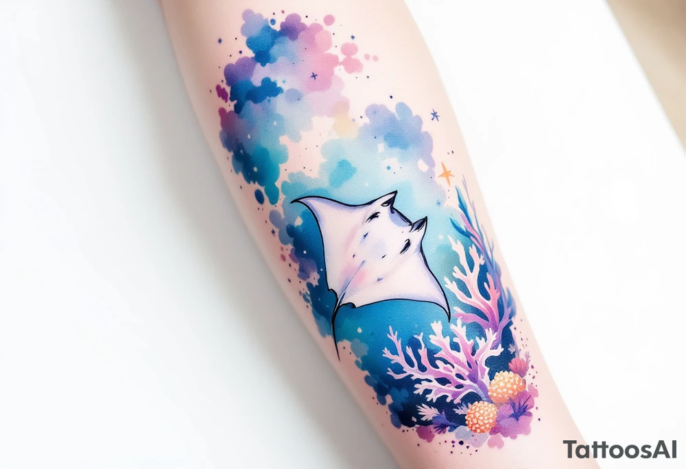 Manta ray swimming, coral reef bellow for forearm tattoo idea
