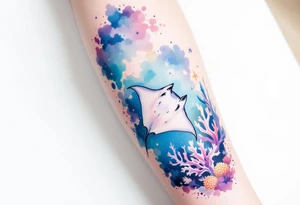 Manta ray swimming, coral reef bellow for forearm tattoo idea