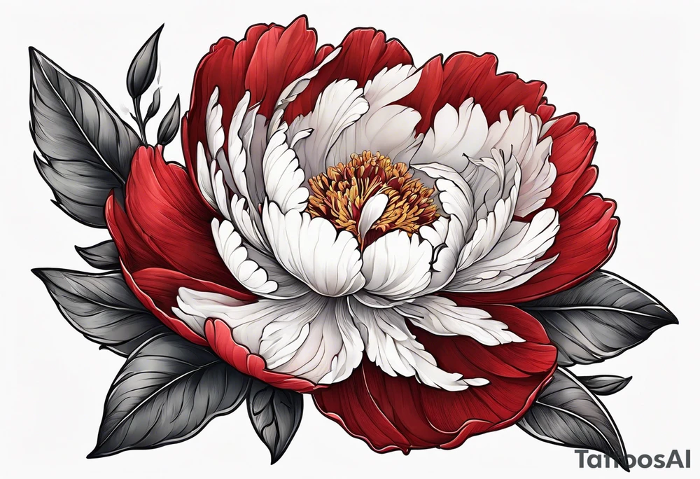 Red peony with floating petals with a tiny rabbit tattoo idea