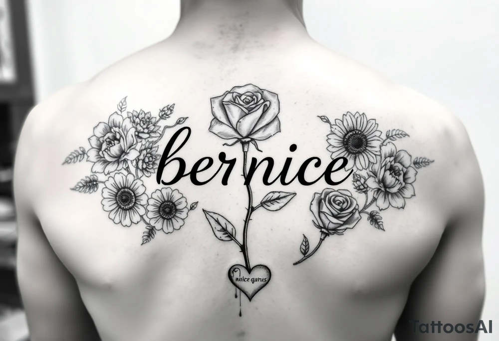 Flowers around the name bernice a rose saying Eloise Burris with a tree stem saying shirley Ann Loving Scott with sunflowers coming out the stem a cloud saying white cloud and a rose stem saying Sayquan and quazeik with a  heart tattoo idea