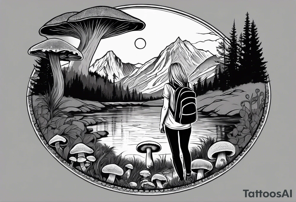 Whole picture encircled fully

Straight long blonde hair hippie girl in distance holding mushrooms in hand facing away toward mountains and creek surrounded by mushrooms long sleeve shirt and hiking pants; whole rendering within a full circle, no cut off circle tattoo idea
