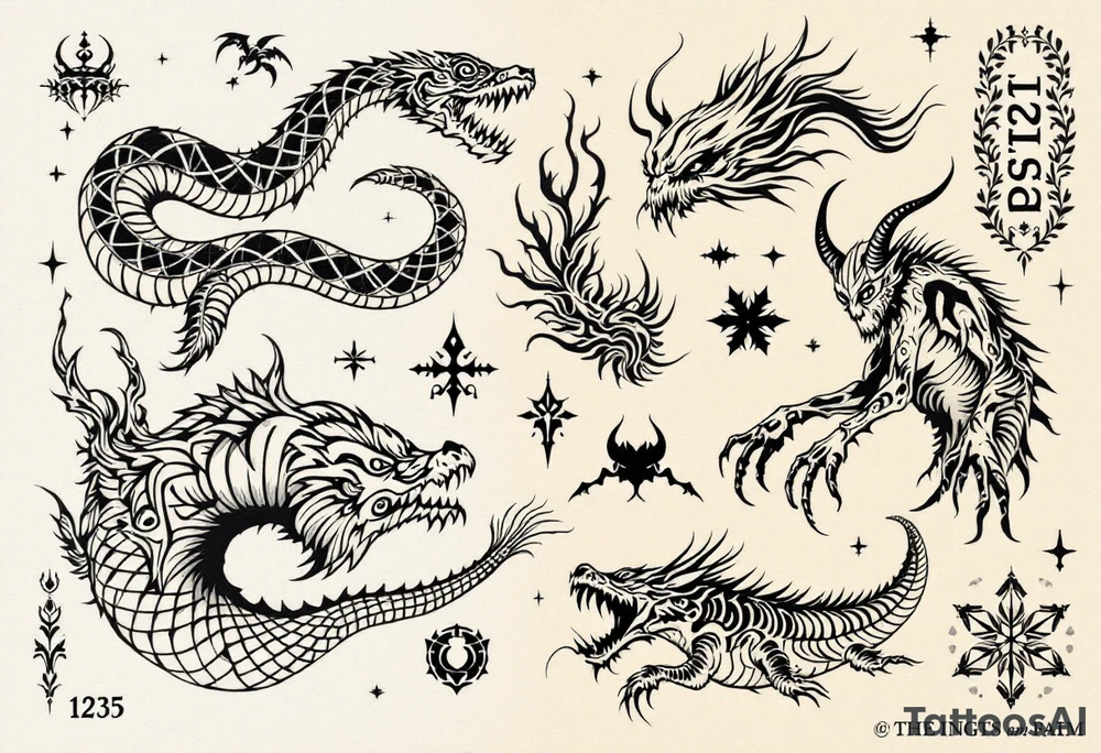 “Create a highly detailed, realistic black-ink tattoo design in a realistic–illustrative style with organic, flowing lines and no text. The unified composition should seamlessly blend these elements:
	•	A realistic Māori taniwha with textured scales, defined eyes, and a serpentine form.
	•	A realistic Loch Ness monster with subtle shading and natural textures, featuring subtle tartan in the background or on its skin, and a dragon-like, scaly appearance.
	•	A realistic Irish púca with lifelike, shape-shifting features.
	•	A subtle, realistic demon with soft shading and two distinct horns.
	•	A ‘strong arm’ logo depicting a realistic arm holding a patu, with the number ‘1235’ subtly integrated.
	•	A stylized, text-free crest symbol representing Hamilton Boys’ High School.
	•	A separate, clearly defined three-star arrangement representing the Speights logo.

The overall design should flow naturally, suitable for an upper back piece, full right sleeve, or right upper leg tattoo, with all elements interconnected in black ink.” tattoo idea