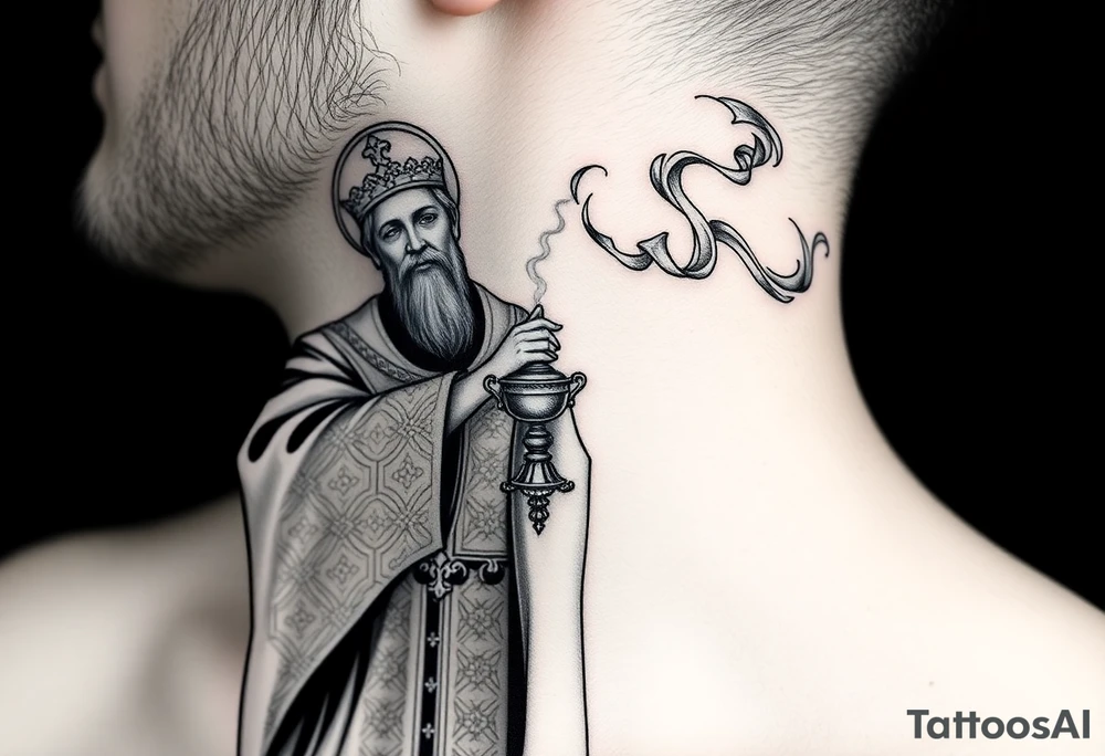 A Russian Orthodox Priest in full gold vestments swinging a censer with smoke curling upward 

The ornate robes give incredible fine line detail
The incense smoke could flow and connect to other elements
It ties directly into the church and Virgin Mary you already have
Very culturally authentic to the overall theme tattoo idea