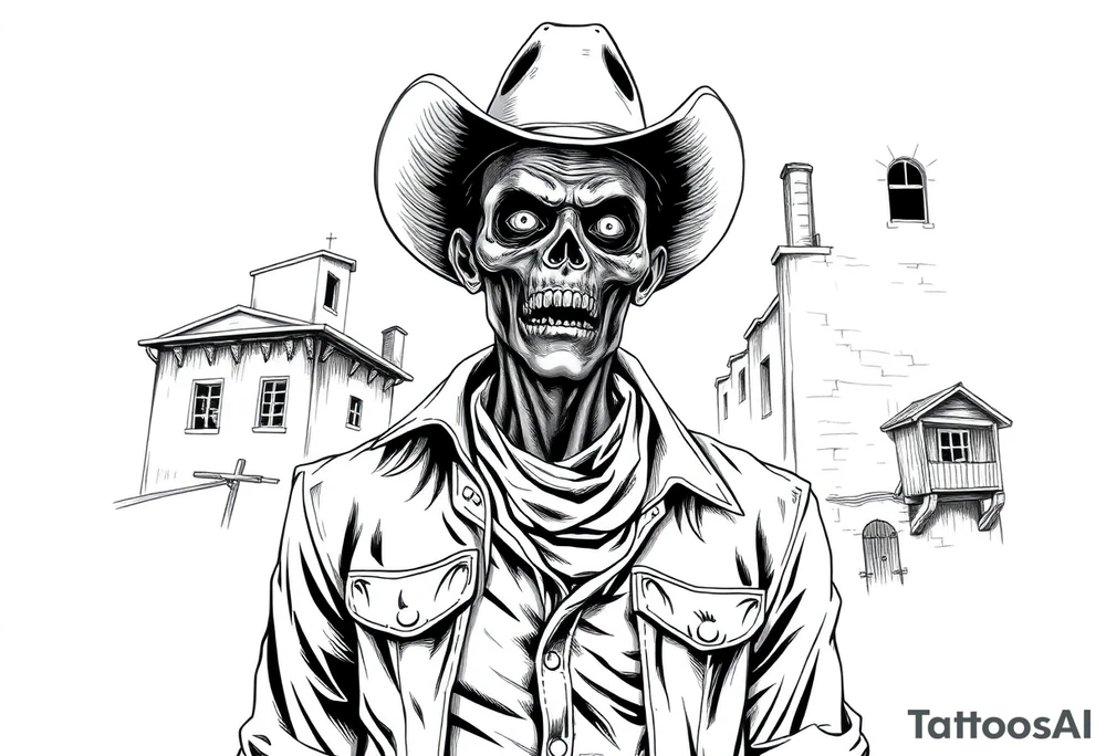 zombie in cowboy-clothing,old buildings. tattoo idea