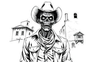 zombie in cowboy-clothing,old buildings. tattoo idea