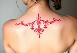 Tattoo that combines the star sign Taurus and Libra ,in red , down the spine tattoo idea