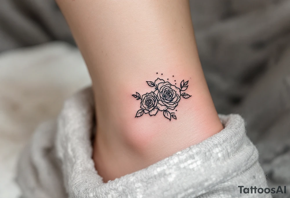 Dotted outline of cluster of roses, with no fill, resembling a hand-poked aesthetic, placed on the ankle. tattoo idea