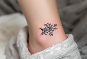 Dotted outline of cluster of roses, with no fill, resembling a hand-poked aesthetic, placed on the ankle. tattoo idea