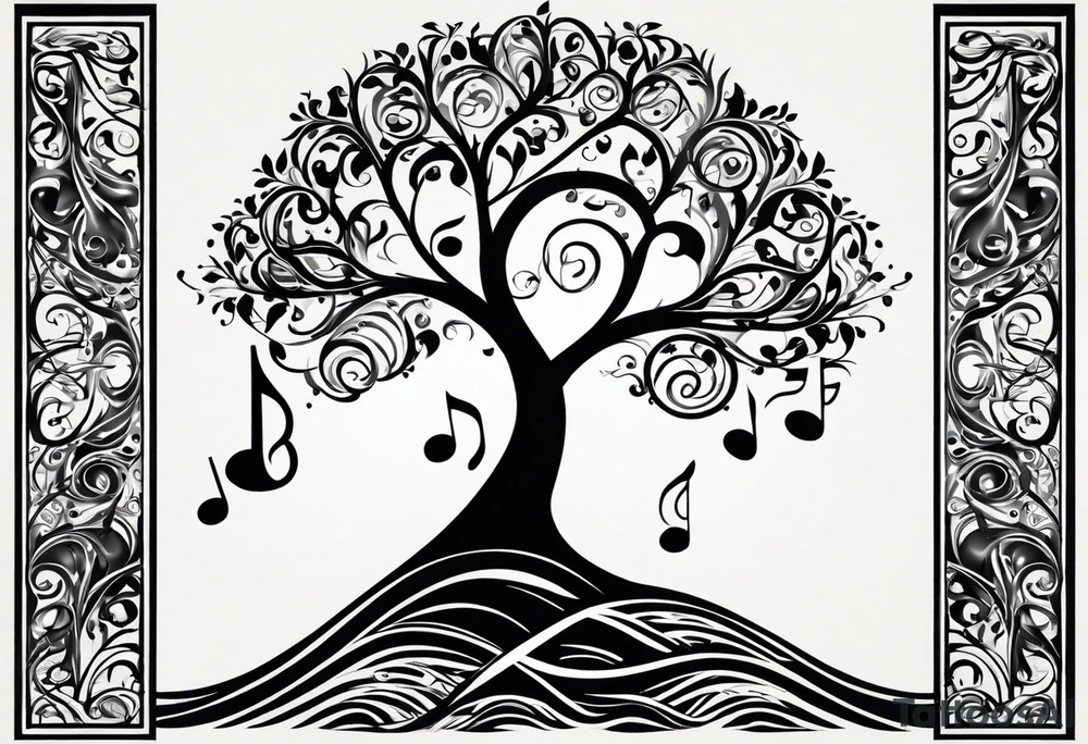 A tattoo design that incorporates the following elements: an abstract tree of life that has roots emerging  from the ground. Waves of water wrap around the tree in a non symmetrical design.  Incorporate musical notes into the tree. the letters U and A are overlapping and engraved into the tree. A golf flag incorporated but not prominent tattoo idea