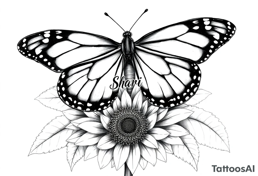 The central focus is a large butterfly with intricate wing patterns, which appears to be a monarch butterfly. It is resting on a sunflower, with its wings spread open.With the name Shari between the wings tattoo idea