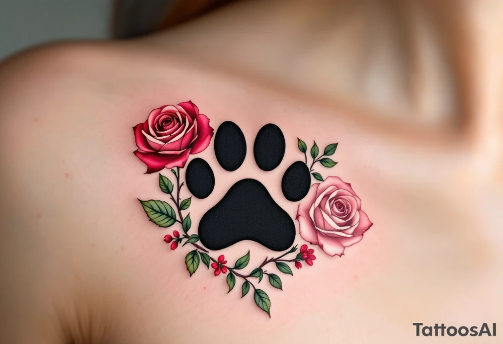 A paw print forming a heart shape, surrounded by delicate roses and leaves. The paw is solid black, while the flowers are in soft shades of red, pink, and green. The leaves are a mix of pastel greens, adding a gentle touch of nature to the design. Black (for paw print), Red and Pink (for roses), Soft Green (for leaves). tattoo idea