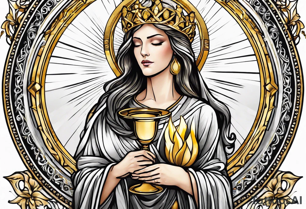 holy saint woman with golden halo holding a chalice tattoo idea