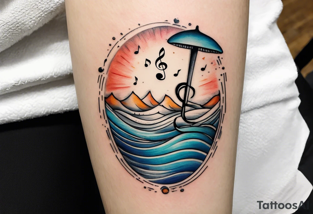 a line at the top of my arm (near the shoulder) with a music note on a staff at the top, a water wave below it, a pocket beneath it and the mushroom last - it's one line down the arm tattoo idea