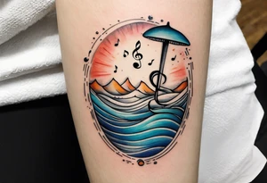 a line at the top of my arm (near the shoulder) with a music note on a staff at the top, a water wave below it, a pocket beneath it and the mushroom last - it's one line down the arm tattoo idea