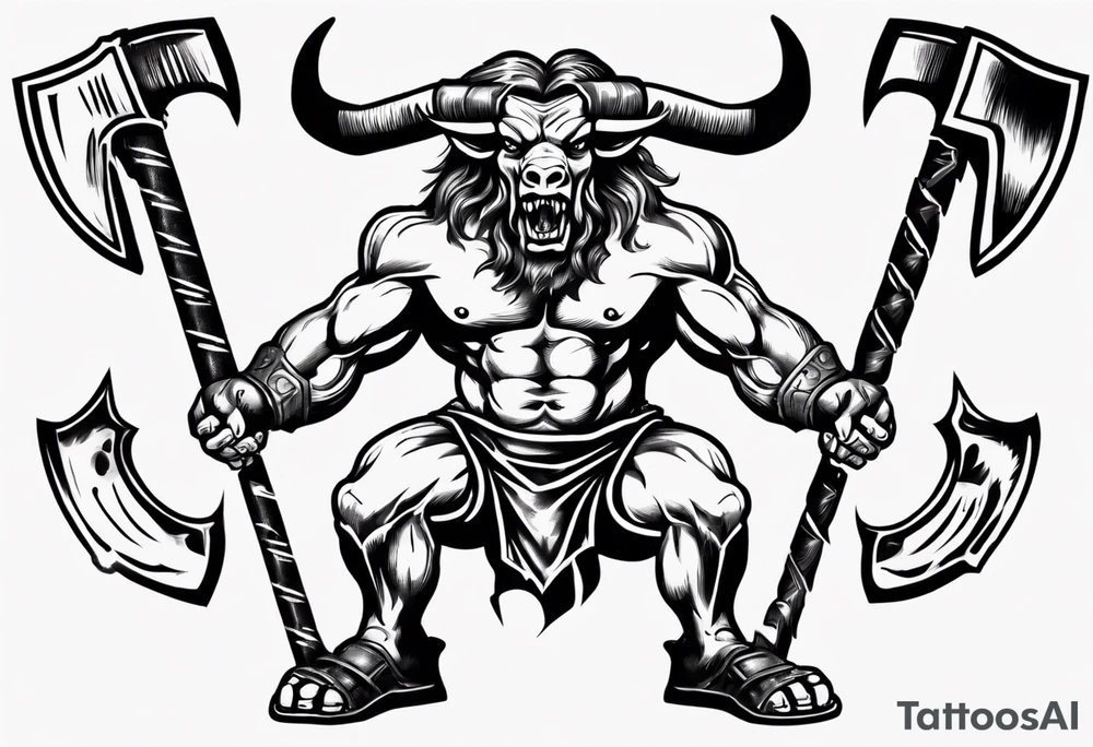 thigh tattoo of a minotaur with a double-edged axe tattoo idea
