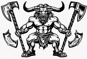 thigh tattoo of a minotaur with a double-edged axe tattoo idea