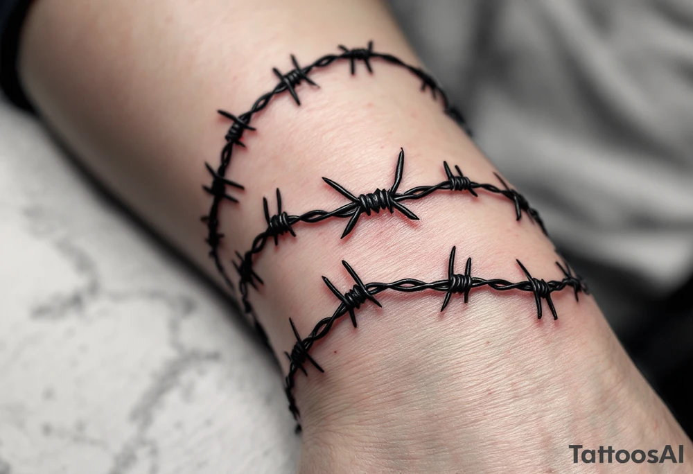 A realistic black and dark silver barbed wire tattoo wraps tightly around the arm, with sharp crimson highlights on the barbs and subtle shading to create a three-dimensional, metallic effect against the skin. tattoo idea