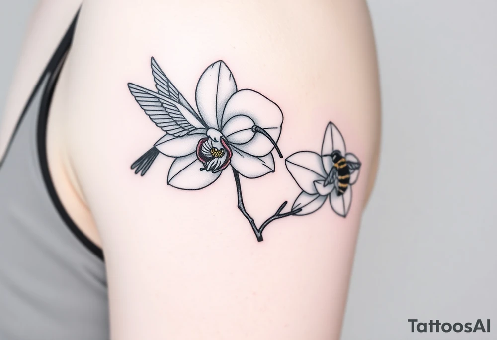 A delicate, black and white fine-line tattoo for male, featuring gracefully detailed 2 orchids in full bloom including their stems, with soft, intricate petals and elegant curves. Beside it, a hummingbird hovers mid-flight, its wings drawn with subtle motion lines, its slender beak reaching toward the orchid’s center to drink its nectar. on the other flower there is a bee that is resting tattoo idea