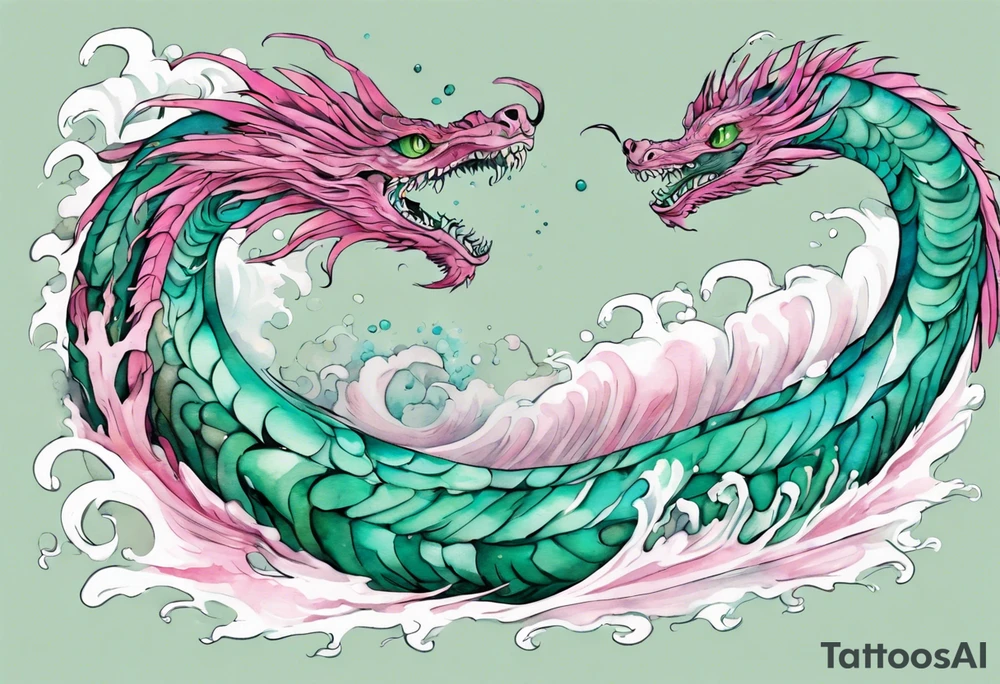 a turquoise and pink feathered sea serpent emerging from the stormy sea, with green eyes tattoo idea