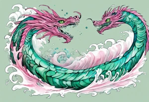 a turquoise and pink feathered sea serpent emerging from the stormy sea, with green eyes tattoo idea