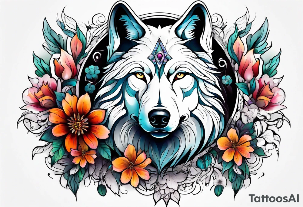 Wolf, flower, cross tattoo idea