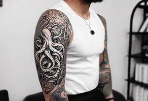 Full arm sleeve , road bicycle and octopus, black and white, color accents, fine line tattoo idea
