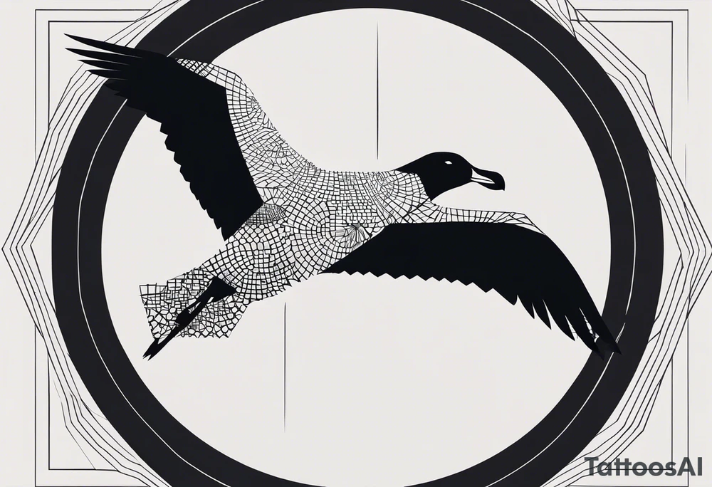 Black and white silhouette illustration of a sideview albatross flying, composed of geometric shapes such as circles, lines, and polygons. The albatross is designed with clean, sharp angles and flowing curves, representing its wings and body in a minimalist, geometric style. Surrounding the bird are intricate geometric patterns, including concentric circles, sharp lines, and angular polygons. Cybernetic or mechanical accents are incorporated into the design, resembling digital grids or circuits, seamlessly integrated into the albatross's silhouette. The overall style is fine line, using only black and gray ink to maintain a sleek, modern aesthetic. tattoo idea
