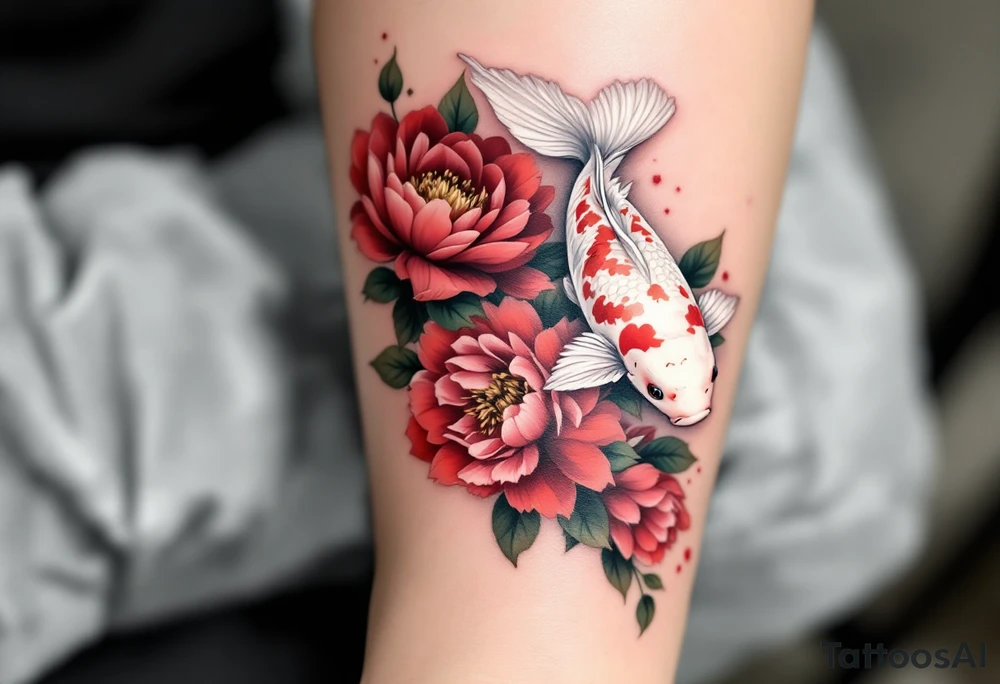White and Red Koi with Peonies – A creamy white koi fish with red fins, gracefully weaving between lush burgundy peony blooms, representing elegance and inner strength. tattoo idea